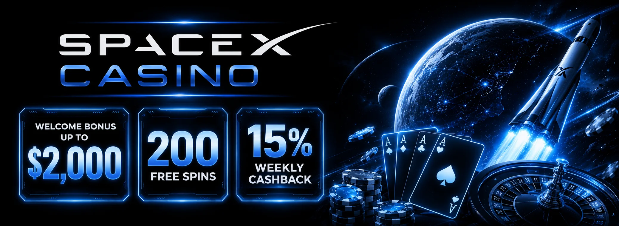 SpaceX Casino welcome package — 200% up to $2,000 plus 200 free spins